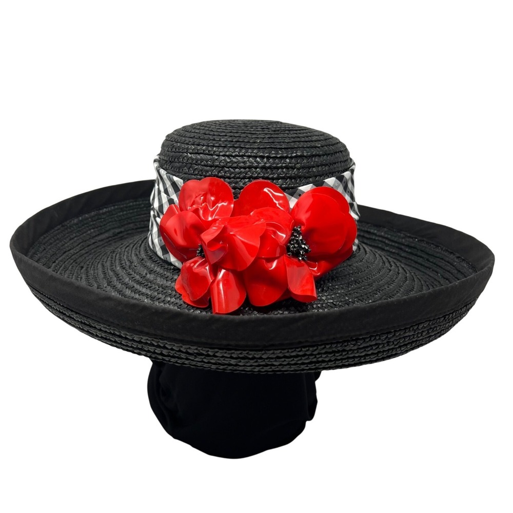 Whittall & Shon Womens Black Wide Brim Hat Red Floral Derby Event Money‎ Maximal - Picture 2 of 12
